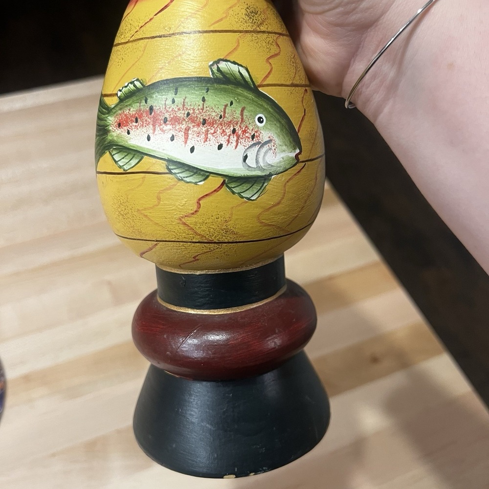 Whimsical Hand-Painted Pillar Candle Holder, Fish, Philippines, Wood, Cracked - Picture 2 of 10